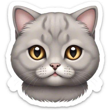 Cinematic Adorable Fluffy Grey Scottish Fold Cat Portrait Emoji, Head tilted cutely with big, sparkling eyes and adorable folded ears, soft grey fur with darker points on the ears, face, and paws, Simplified yet irresistibly adorable features, highly detailed, glowing with a soft, warm glow, high shine, affectionate and playful, stylized with a touch of whimsy, bright and endearing, soft glowing outline, capturing the essence of a curious and loving kitten with the signature charm of a Scottish Fold's unique folded ears, so cute it feels like it could leap out of the screen and snuggle up for a cuddle! sticker