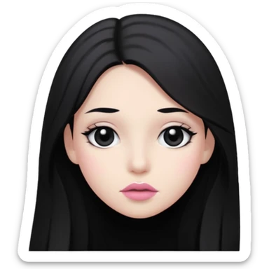 hair long black normal hair with black eyes, and white skin, white pinkish lip  sticker