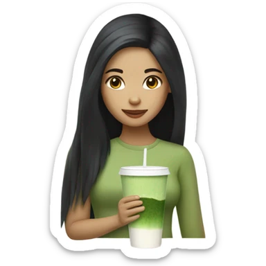 female with long black hair holding an iced matcha sticker