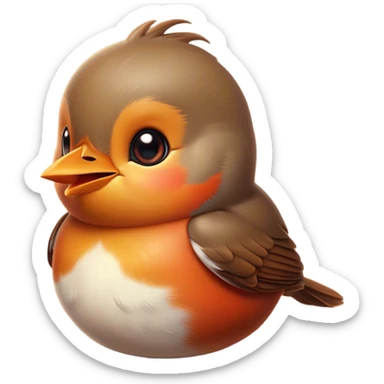 Cinematic Cute Robin Portrait Emoji, Head tilted playfully and inquisitively, featuring a charming, petite form with a vibrant red breast, round, sparkling eyes full of gentle mischief, and a delicate, beak-like smile, Simplified yet irresistibly adorable features, highly detailed, glowing with a warm, inviting glow, high shine, affectionate and lively, stylized with a touch of whimsical woodland charm, soft glowing outline, capturing the essence of a mischievous yet endearing robin that seems as if it could sing out of the screen into your heart! sticker