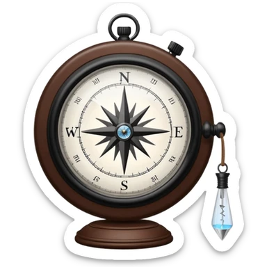 Clear glass orb with black compass needle pointing right, suspended by thin brown leather cord, bright white glowing dial face with dark rim sticker