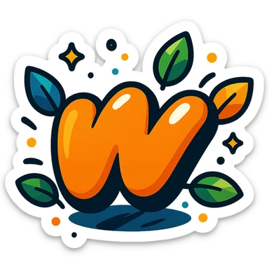 rounded, energetic Wattpad 'w' logo, thick black outline, dramatic shadows, shiny highlights, surrounded by colorful leaves, transparent background, vibrant toon style sticker