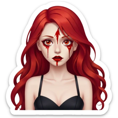a woman with long red hair and red eyes. The woman wear a black metaphorical cutted dress. She have red lipstick. blood on face and metaphorical chest sticker