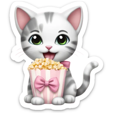 Cute Kitten with popcorn and baby pink bow on neck sticker