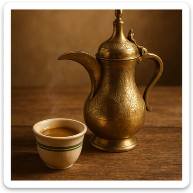 a cup of Saudi coffee with a traditional dallah pot and a small cup, warm and inviting atmosphere, intricate details, authentic look sticker