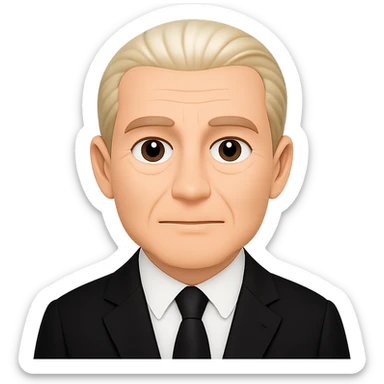 Create an emoji style image of Draco Malfoy at 50 years old, wearing a black suit. Keep the background transparent. The style should resemble classic emoji aesthetics with clear, simple features and vibrant colors. sticker