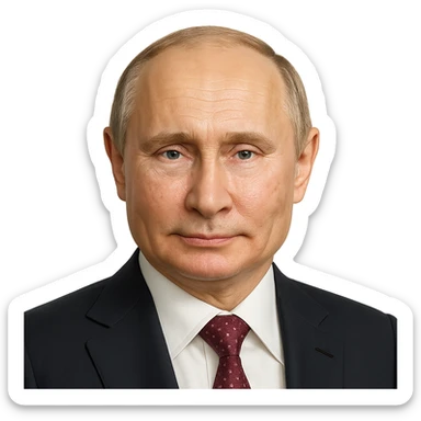 hyper-photorealistic portrait of Vladimir Putin, extremely detailed, almost indistinguishable from a real photo, round face with a hint of emoji style, polished finish, neutral background sticker