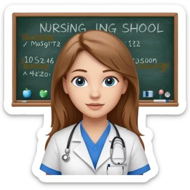 university classroom that says nursing school on the blackboard with a pretty female nursing student with long brown hair, blue eyes sticker