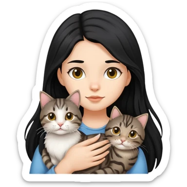 Long black hair girl holding a haired tabby cat sticker
