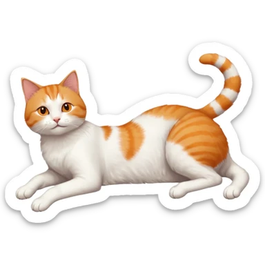 ginger and white cat with orange eyes doing a big extremely long stretch reaching up into the air with arms and legs side by side together straight and overextended whilst lying on its side sticker