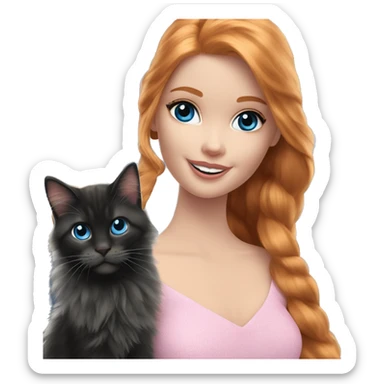 Barbie girl with long ginger hair and blue eyes Holds in her arms Black Maine coon sticker