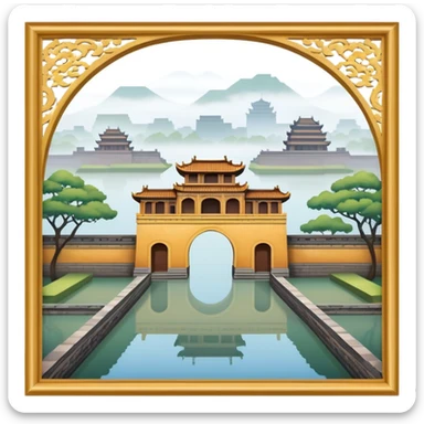 Cinematic Realistic Imperial City of Hue Landmark Emoji, capturing the ancient citadel’s weathered walls, intricate gates, and traditional Vietnamese architecture, surrounded by a misty, tranquil moat. sticker