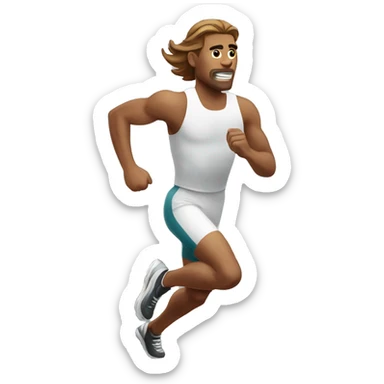 white male athlete running with a flowing, brown mullet sticker