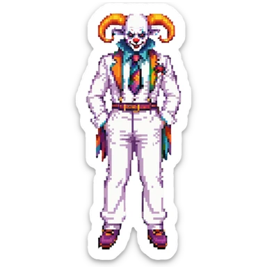 full-body demonic clown in a white leisure suit with bellbottom pants, bald, black ram horns, elevator shoes, flashy belt, ruffled shirt, colorful tie sticker