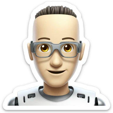 Robotic Cyborg head with fair skin, flat top haircut, rectangular glasses, circuits and smiling  sticker