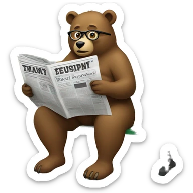 Bear sitting on a park bench wearing glasses reading a newspaper sticker