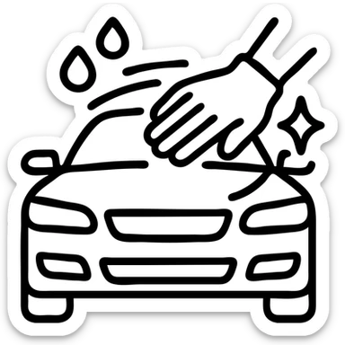 outlined icon of a high-end car with a hand wearing a black glove cleaning the hood, water drops, shine, silver and white details, smooth motion lines, modern and clean sticker