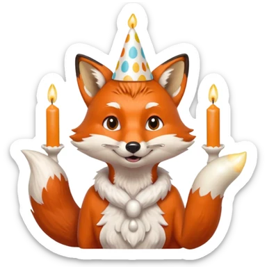 A fox wearing a birthday hat, joyfully blowing candles, portrait, bust up sticker