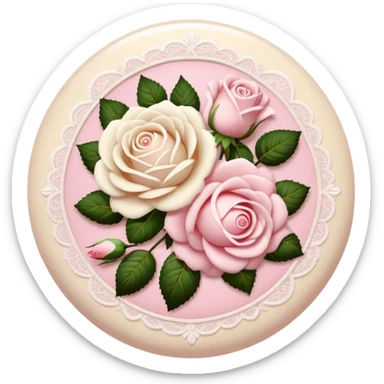 A round light cream colored button with light pink damask lace and white roses sticker