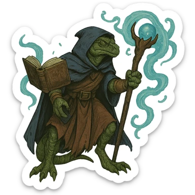 Add a floating magic book to the lizard man wizard, keeping the fantasy magical style. The image should have no background. sticker