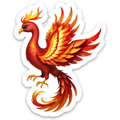 Cinematic Noble fierce & powerful Fire Phoenix Portrait Emoji, Poised and resplendent, with a radiant, fiery plumage in brilliant hues of scarlet, gold, and ember, featuring elongated, elegant tail feathers that flow like molten lava, and piercing, wise eyes reflecting the eternal cycle of rebirth; rendered with lifelike texture and luminous natural highlights, high shine, majestic and awe-inspiring, styled with an aura of mythic resurgence, focused and regal, soft glowing outline, capturing the essence of a legendary phoenix rising from the flames with timeless grace! sticker