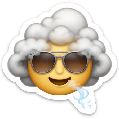 An emoji with sunglasses, exhaling a cloud of smoke.  sticker