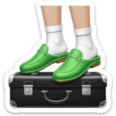 Feet with white socks wearing green house slippers standing on a briefcase sticker