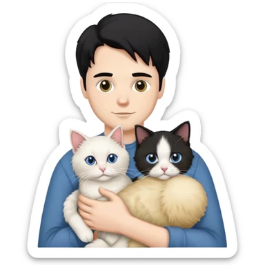 A black-haired white man holding a ragdoll cat sticker