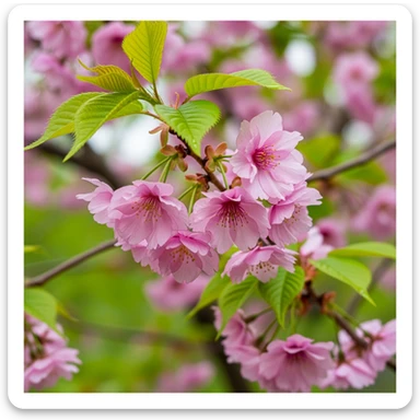 pink cherry blossom with green leaves sticker