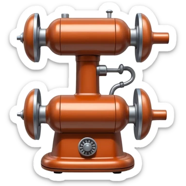 sausage-processing droid. retro-futuristic style. top is a circular industrial meat grinder with rotating gears and blades. Two robotic arms feed material into grinder. Sausage links extrude from the rear like  factory. The body is metallic, compact, and floats above the ground.no legs. Dark humor sticker