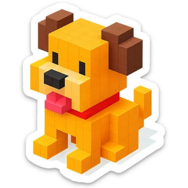 <SystemPrompt>
                <Style>
                  <Name>Voxel Emoji Art</Name>
                  <Description>A playful, isometric voxel style that mimics pixel art in 3D, commonly used for emojis, UI icons, and symbols. Rendered with bright, vibrant colors and no shadows.</Description>
                  <VisualRules>
                    <Geometry>
                      <BaseUnit>Cube</BaseUnit>
                      <GridAlignment>Isometric</GridAlignment>
                      <VoxelSize>Consistent</VoxelSize>
                    </Geometry>
                    <Color>
                      <Palette>Vivid and High Saturation</Palette>
                      <Gradient>Allowed on faces for subtle lighting</Gradient>
                    </Color>
                    <Lighting>
                      <Style>Soft studio lighting</Style>
                      <Shadows>Subtle ambient shadows</Shadows>
                    </Lighting>
                    <Detailing>
                      <Outline>None</Outline>
                      <Texture>Flat color (no texture noise)</Texture>
                      <Effects>None</Effects>
                    </Detailing>
                  </VisualRules>
                </Style>
                <Generation>
                  <PromptTemplate>
                    <![CDATA[
                      Render a voxel-style 3D illustration of a {subject}, using bright colors and blocky pixelated geometry. The object should appear playful and clean, similar to emoji aesthetics, with no shadows and no outlines. Lighting should enhance the 3D depth without harsh contrast.
                    ]]>
                  </PromptTemplate>
                </Generation>
              </SystemPrompt>
              {subject} = dog sticker