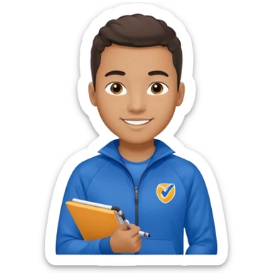 A young coach with a notepad, encouraging players with a confident smile. sticker