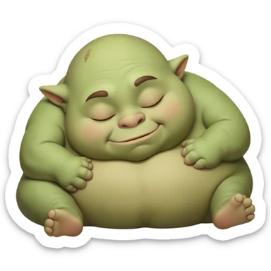 Meme-Worthy Cute Sleeping Ogre Portrait Emoji, with a surprisingly endearing, plump figure in soft earthy greens and browns, head drooping gently with closed, relaxed eyes and a content, sleepy grin, simplified yet adorably detailed, glowing with a soft warm outline that captures the peaceful slumber of a friendly ogre after a day of gentle mischief! sticker