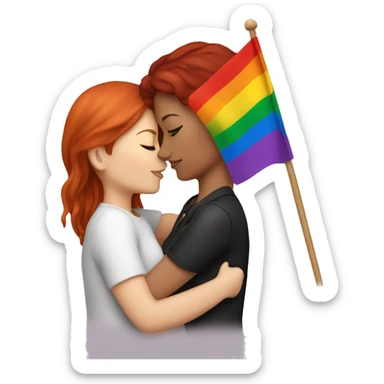 Brunette and redhead lesbian couple are kissing and hold lgbt flag sticker
