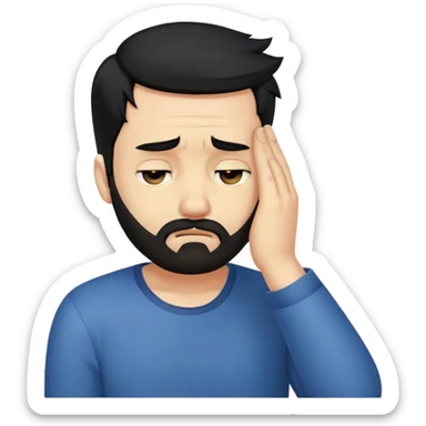 Facepalm emoji with disappointed expression, trimmed beard, medium-length black hair, short sides, hair forward sticker