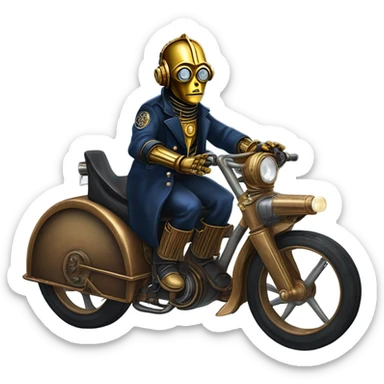 C-3PO wearing a pair of navy-blue rimmed steampunk goggles, hat, leather chaps, fringe jacket riding a fast 3 wheeler trike steampunk motorcycle on ice  sticker