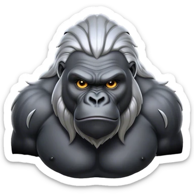 Cinematic Noble Silverback Gorilla Portrait Emoji, Poised and majestic, with a powerful, muscular frame accentuated by a distinguished silver mane and piercing, wise eyes, Simplified yet sharp and sophisticated features, highly detailed, glowing with a soft, regal jungle glow, high shine, intelligent and commanding, stylized with an air of imperial strength, focused and resolute, soft glowing outline, capturing the essence of a watchful guardian that feels as though it could step out of the screen with effortless authority! sticker