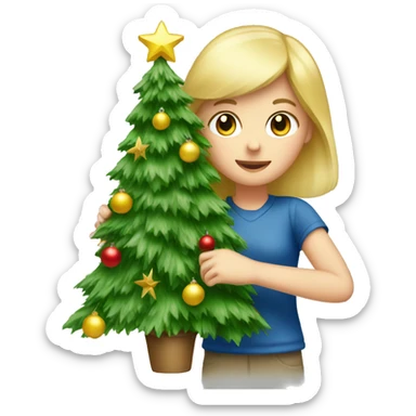 Blond Girl decorating a Christmas tree sticker