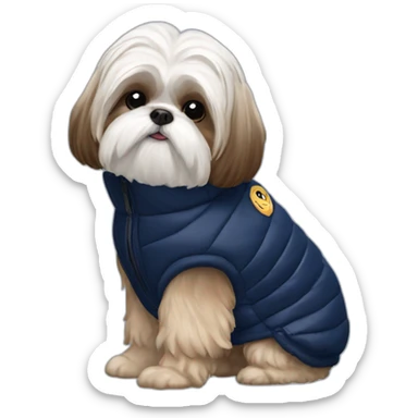 Side view White and brown Shih tzu in sleeveless navy blue puffer jacket sticker