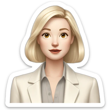 pale skin woman with ash blonde Straightened bob Hair, White Spacious classical jacket, beige palazzo Arrow pants and gray blouse holding white IPhone 14 pro in the hands sticker