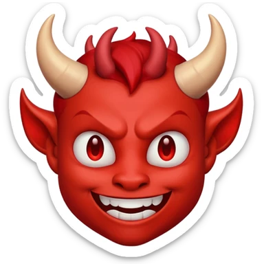 devil emoji, classic red, small horns, mischievous grin, cartoon style sticker
