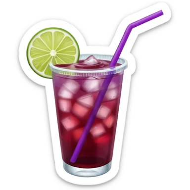 maroon purple cocktail with a lime wedge in the drink in a plastic cup with lid and straw

 sticker
