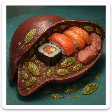 Hyperrealistic 4K anatomical view of a human liver cut in half, containing sushi and raw fish full of protozoa, realistic anatomical details, medical atmosphere, protozoa clearly visible and enlarged. sticker