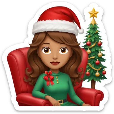 mujer peinandose en la peluqueria y con un gorro de navidad, cabello largo café y ondulado sticker