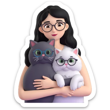 Skinny woman with oval glasses, long straight black hair, wearing white sleeveless top, hugging a grey Persian-Angora cat, plain background sticker