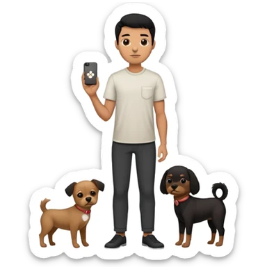 Mexican man with black hair and brown eyes wearing a shirt and black pants, holding a small white dog with one brown ear sticker