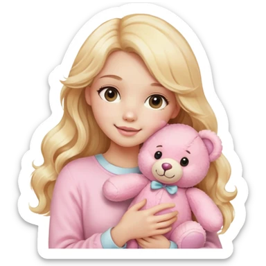 An emoji of a blonde woman holding a plush pink teddy bear. She has long, wavy golden hair and a gentle, happy expression. The teddy bear is soft, fluffy, and pastel pink, giving a cute and cozy vibe sticker