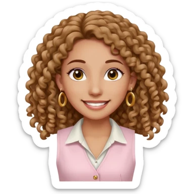 mujer un poco morena (no demasiado), pelo rizado largo, sonriendo, con ojos grandes y marrones con camisa rosa palo y un chaleco blanco y aretes dorados en forma de circulo en sus orejas  sticker