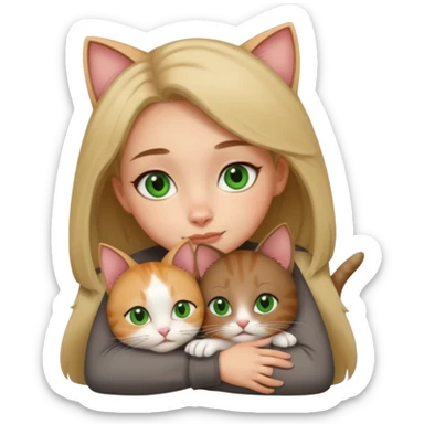 A girl with a square with a mole on her right cheek and square-green eyes hugs a cat sticker