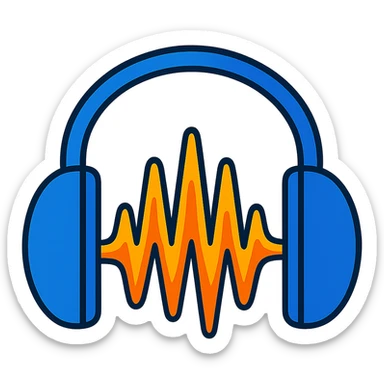 Create a flat, modern version of the Audacity logo in the style of lineal color icon with black outlines. Use a fully transparent background. Prioritize clarity and recognizability with a simple and minimalistic design. The logo should feature the classic Audacity headphones and waveform, using mostly blue shades with minimal use of other colors for accents. sticker